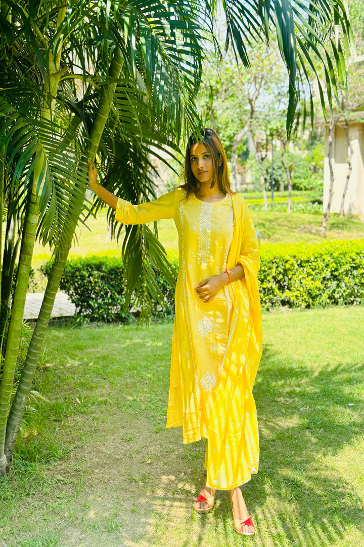 Women Yellow cotton Kurta, Pant And Dupatta Set