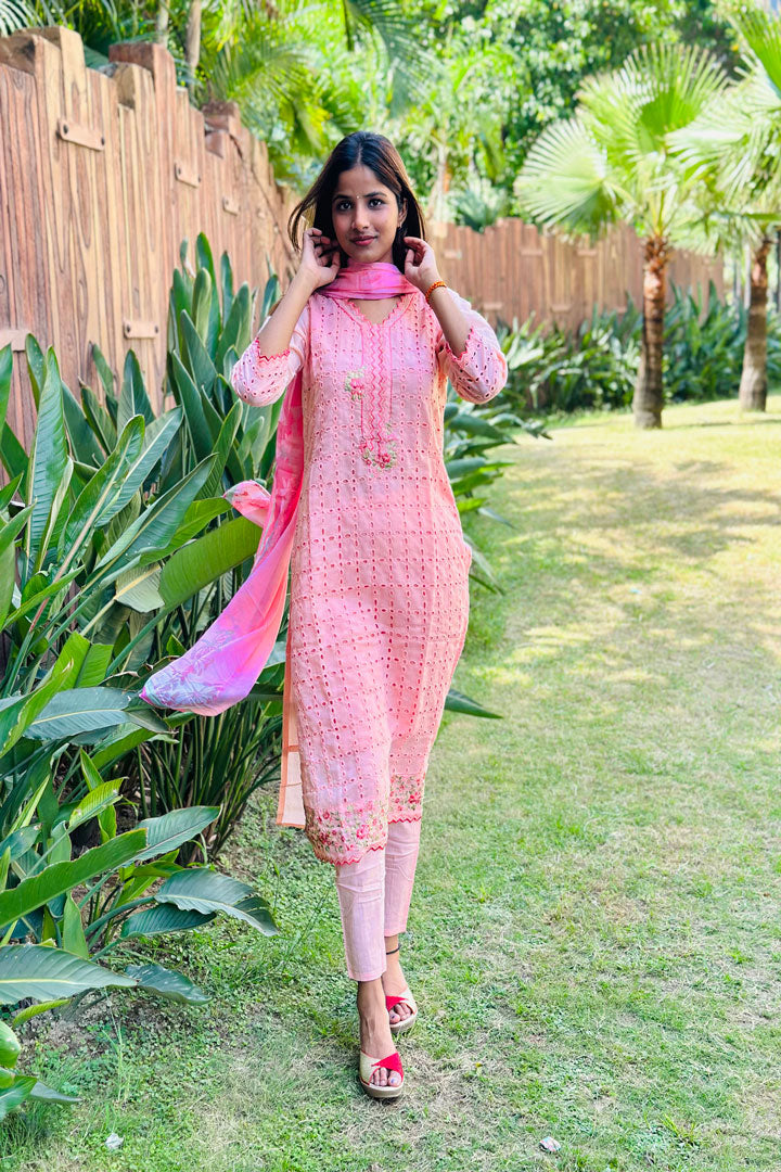 Women Burning Sand Cotton Kurta, Pant And Dupatta Set