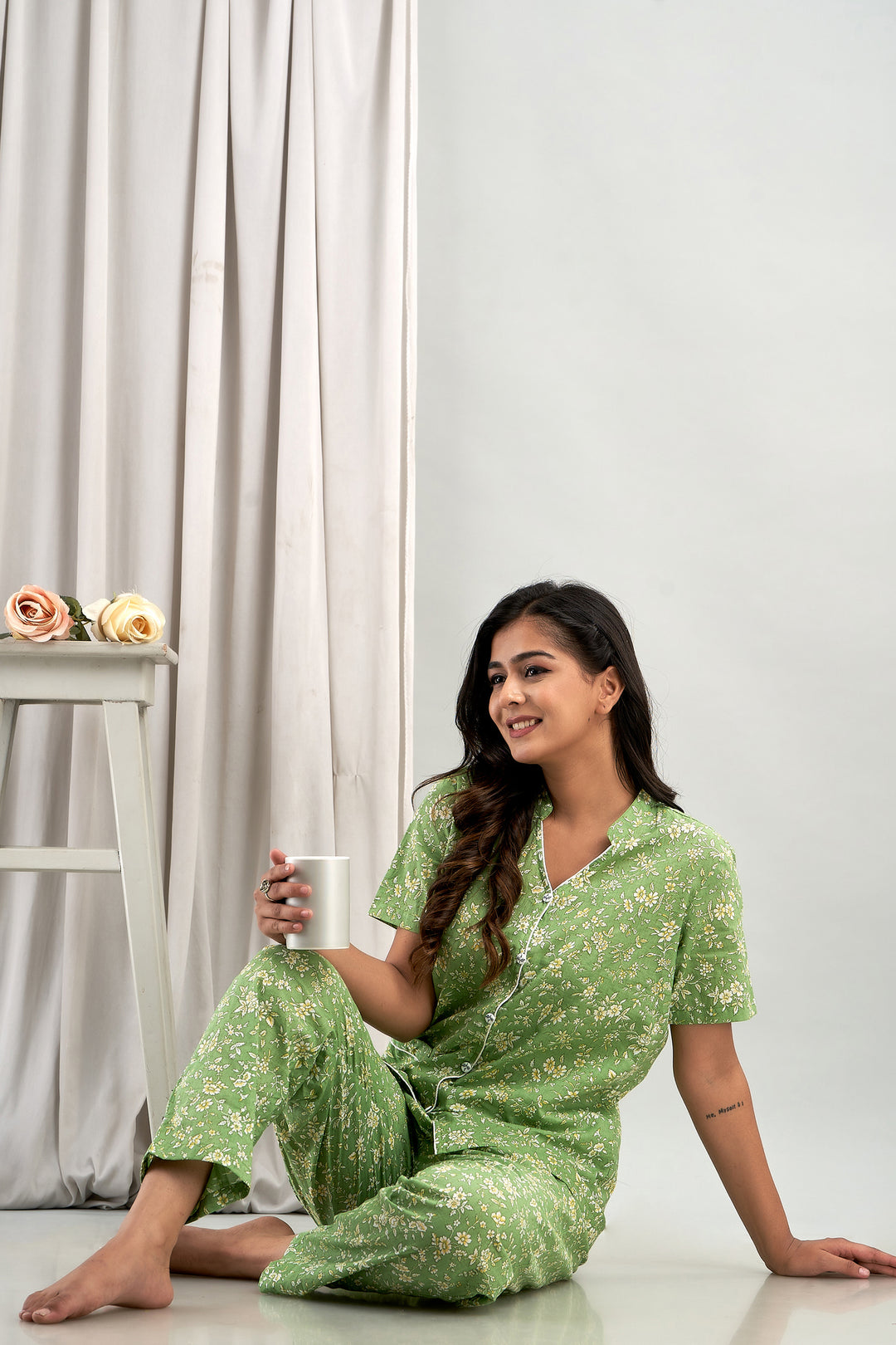 Women Night Suit Set Green Printed