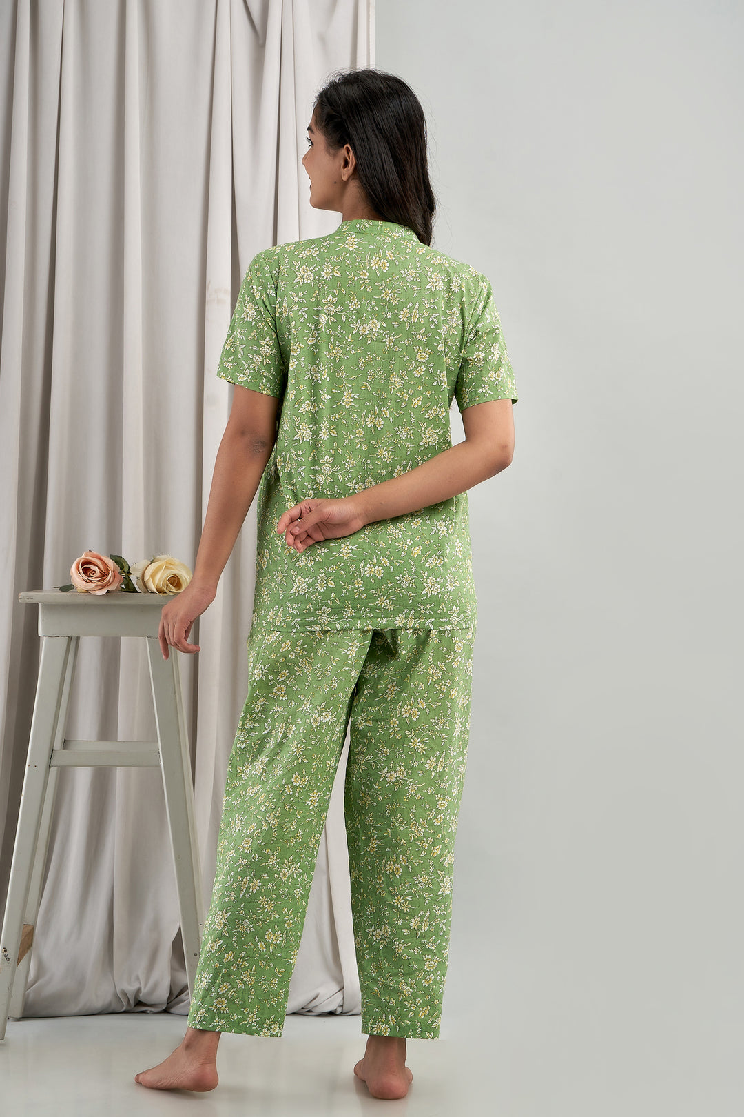 Women Night Suit Set Green Printed