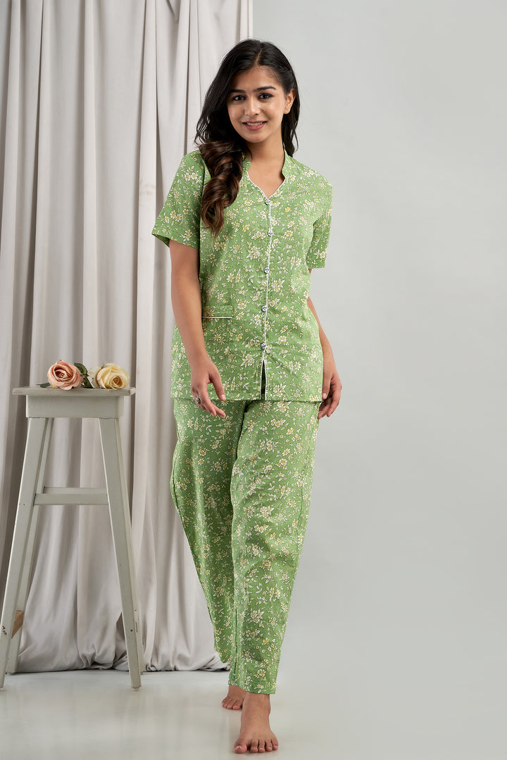 Women Night Suit Set Green Printed