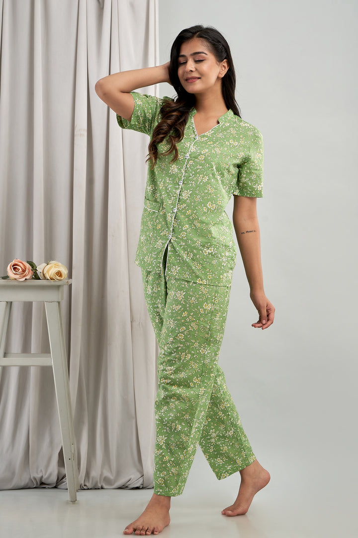 Women Night Suit Set Green Printed