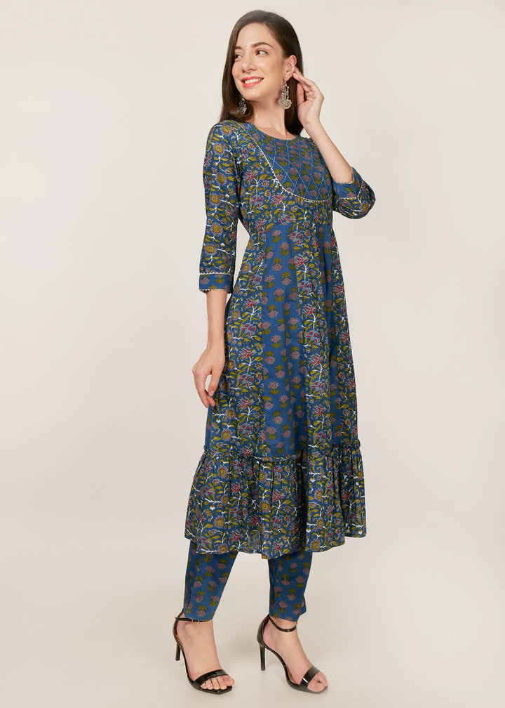 Women blue green with silver border line 3 piece cotton salwar suit set