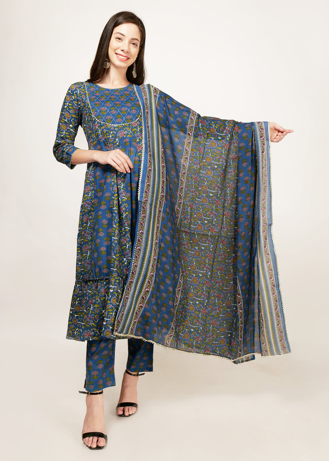 Women blue green with silver border line 3 piece cotton salwar suit set