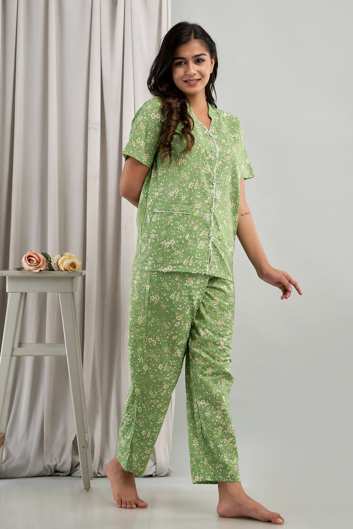 Women Night Suit Set Green Printed