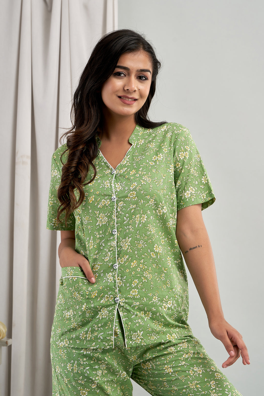 Women Night Suit Set Green Printed