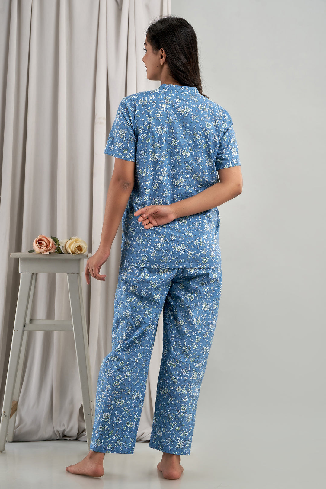 Women Night Suit Set Blue Printed