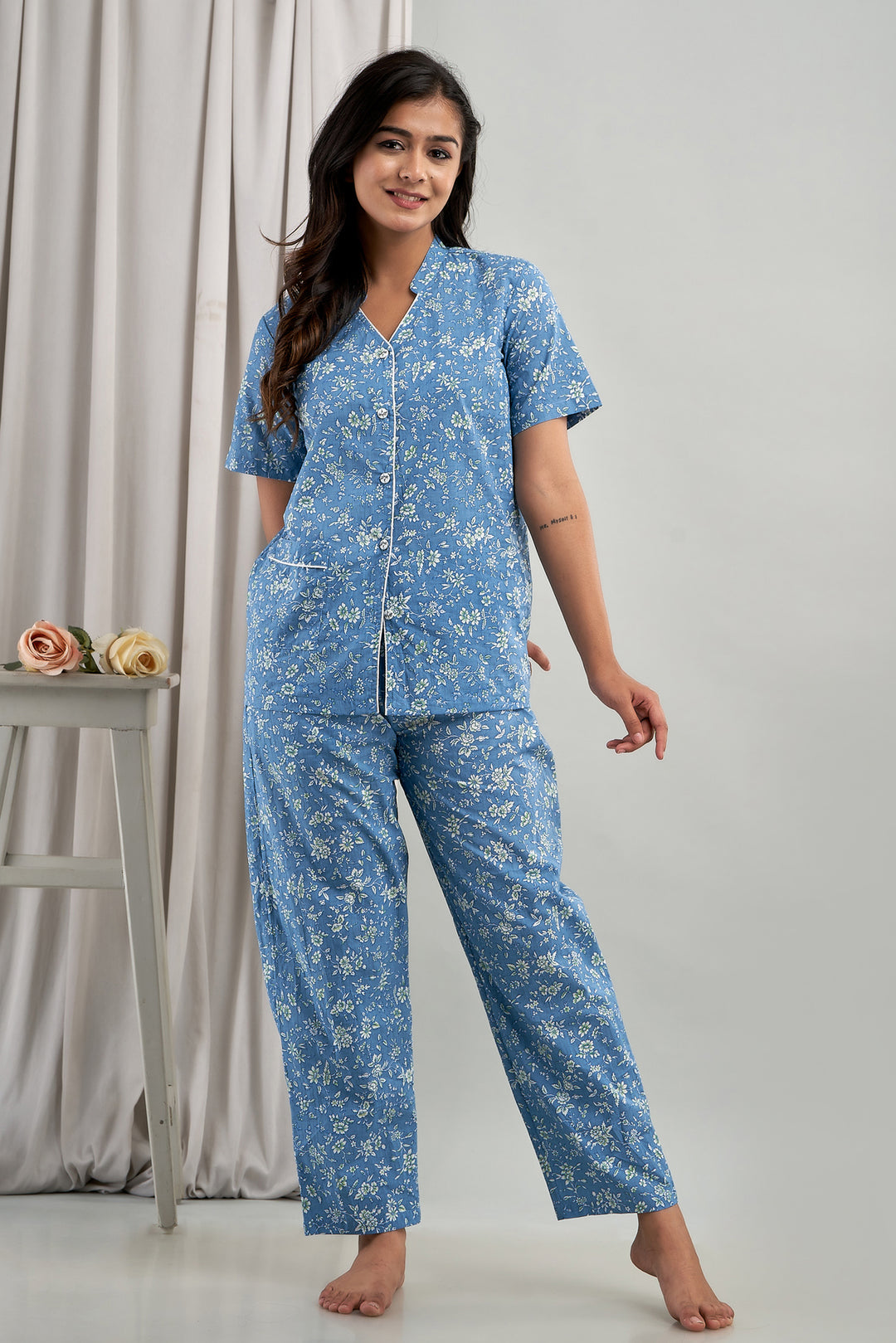 Women Night Suit Set Blue Printed