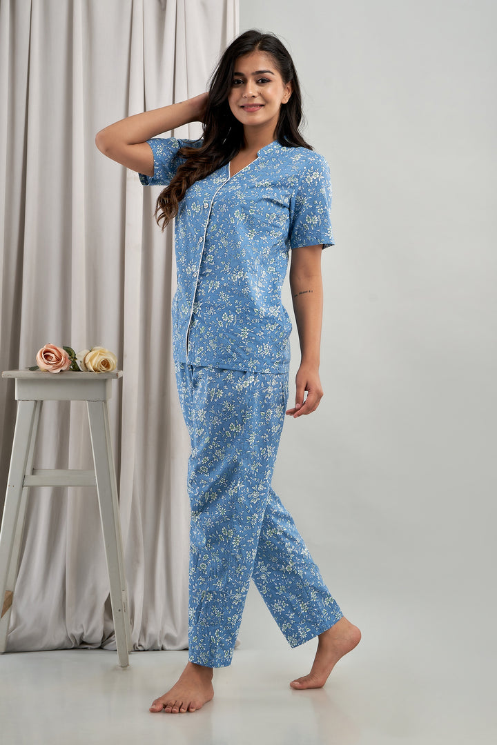 Women Night Suit Set Blue Printed