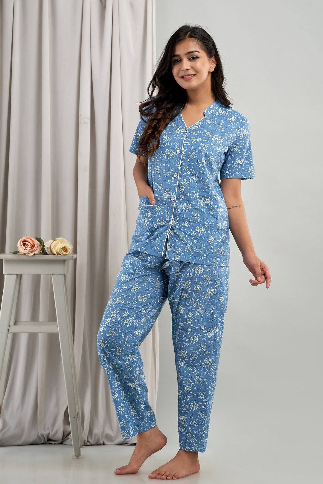 Women Night Suit Set Blue Printed