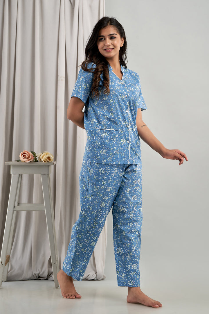 Women Night Suit Set Blue Printed