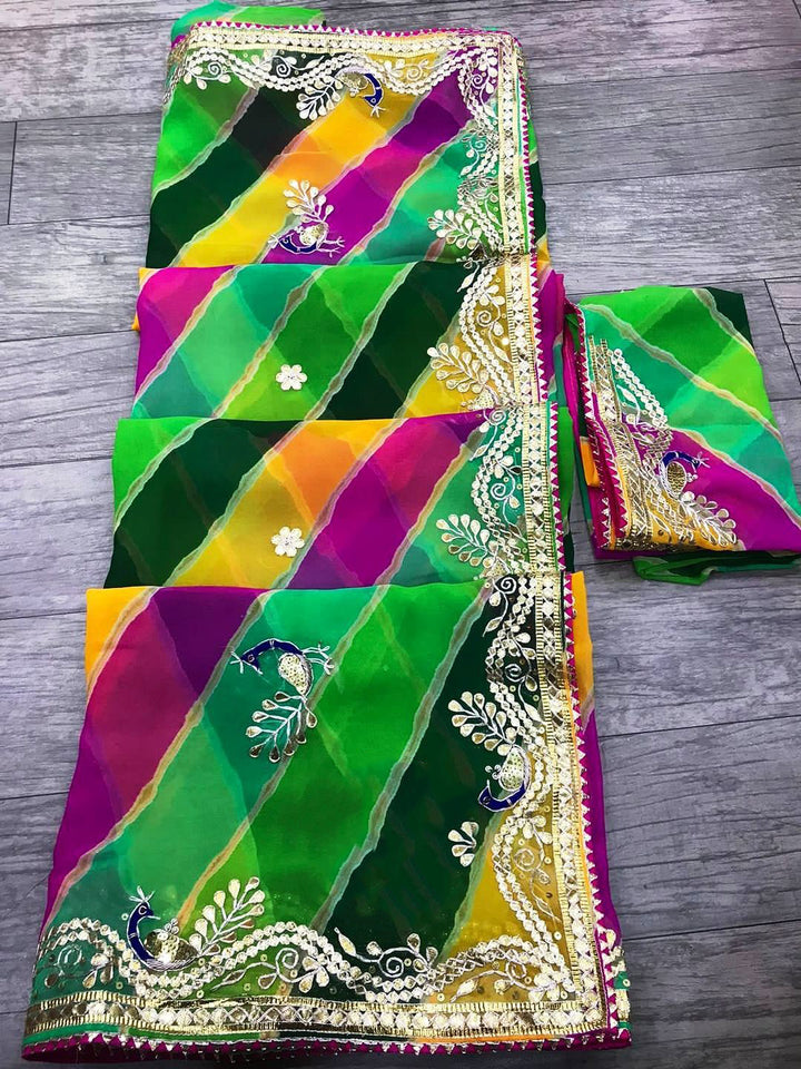 Multi lehriya saree jhorjt fabric saree with blouse