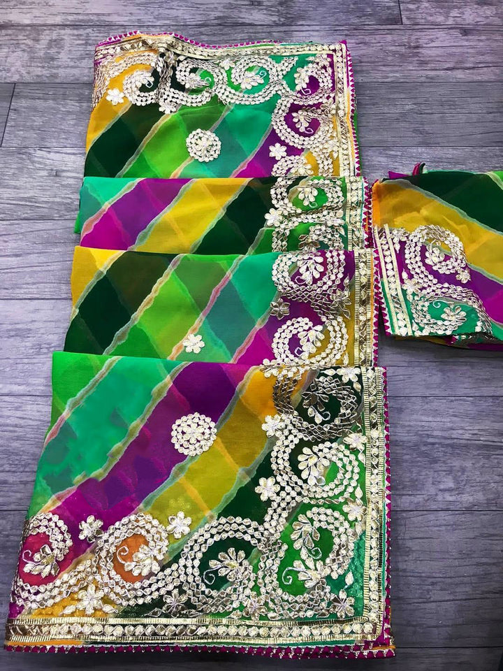 Multi lehriya saree jhorjt fabric saree with blouse