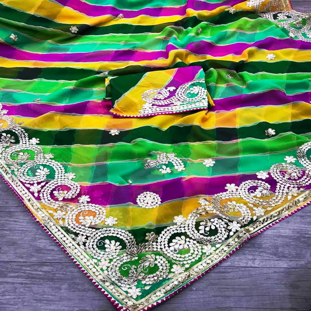 Multi lehriya saree jhorjt fabric saree with blouse