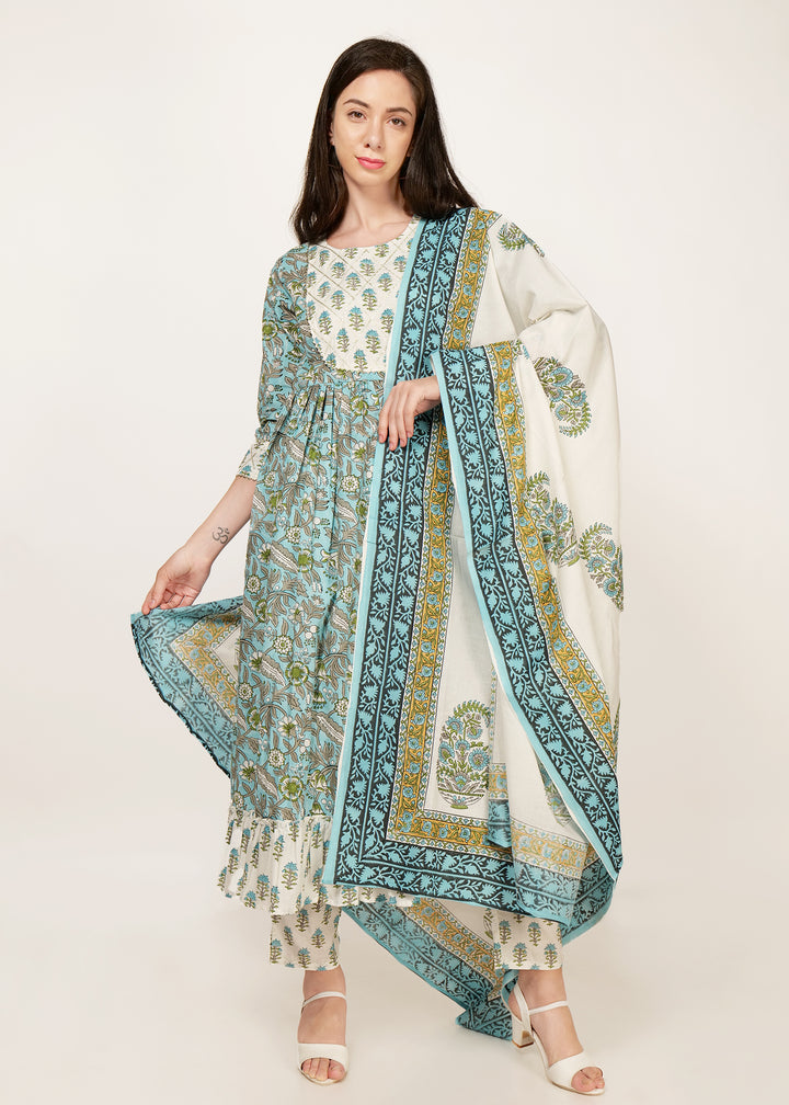 Women blue green with silver border line 3 piece cotton salwar suit set