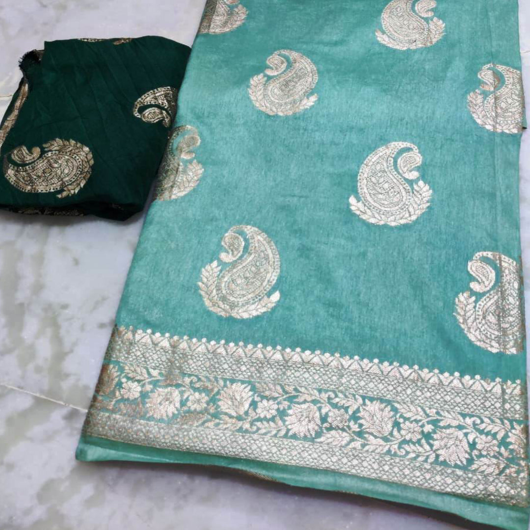 Dhola silk with beautiful rose zari waiving saree with contrast blouse