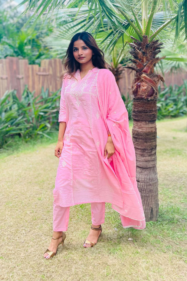 Women Oyster Pink Cotton Kurta, Pant And Dupatta Set