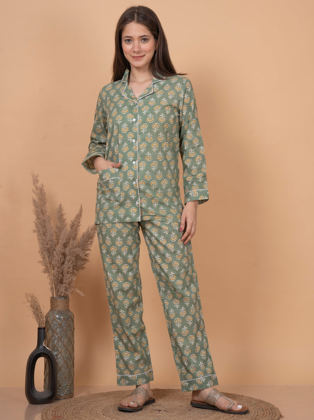 NIGHT SUIT FULLSLEEVES LIGHT GREEN PRINTED