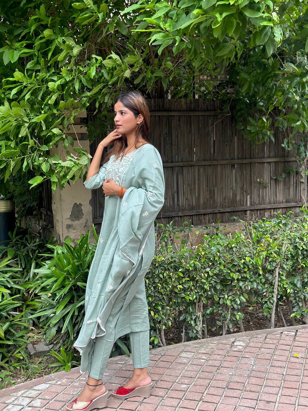 Women Grey Cotton Kurta, Pant And Dupatta Set 2