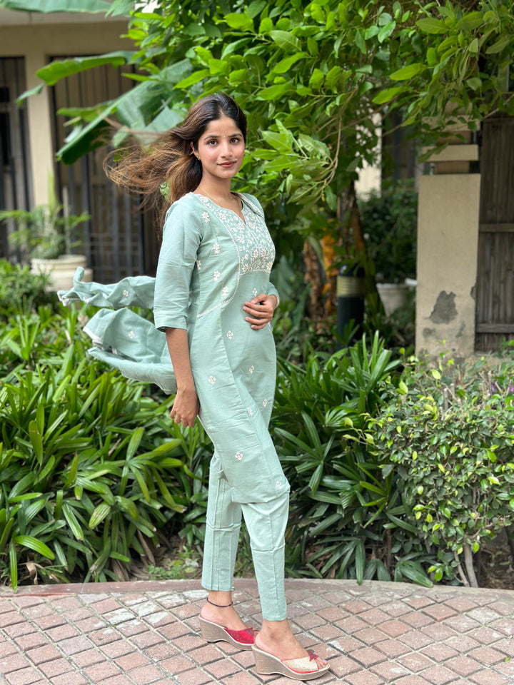 Women Grey Cotton Kurta, Pant And Dupatta Set 2