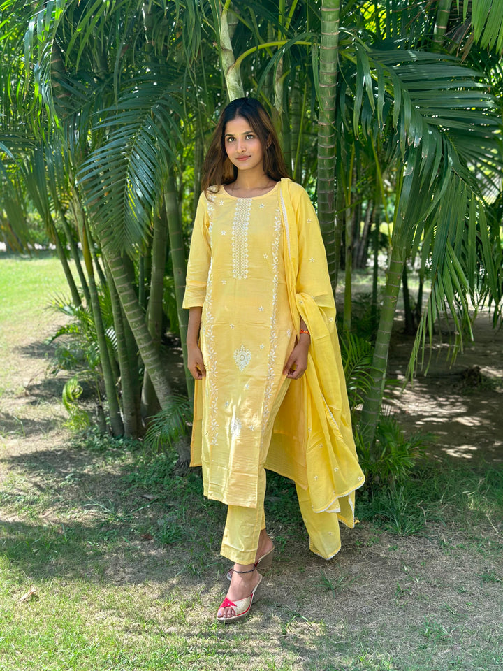 Women Yellow cotton Kurta, Pant And Dupatta Set