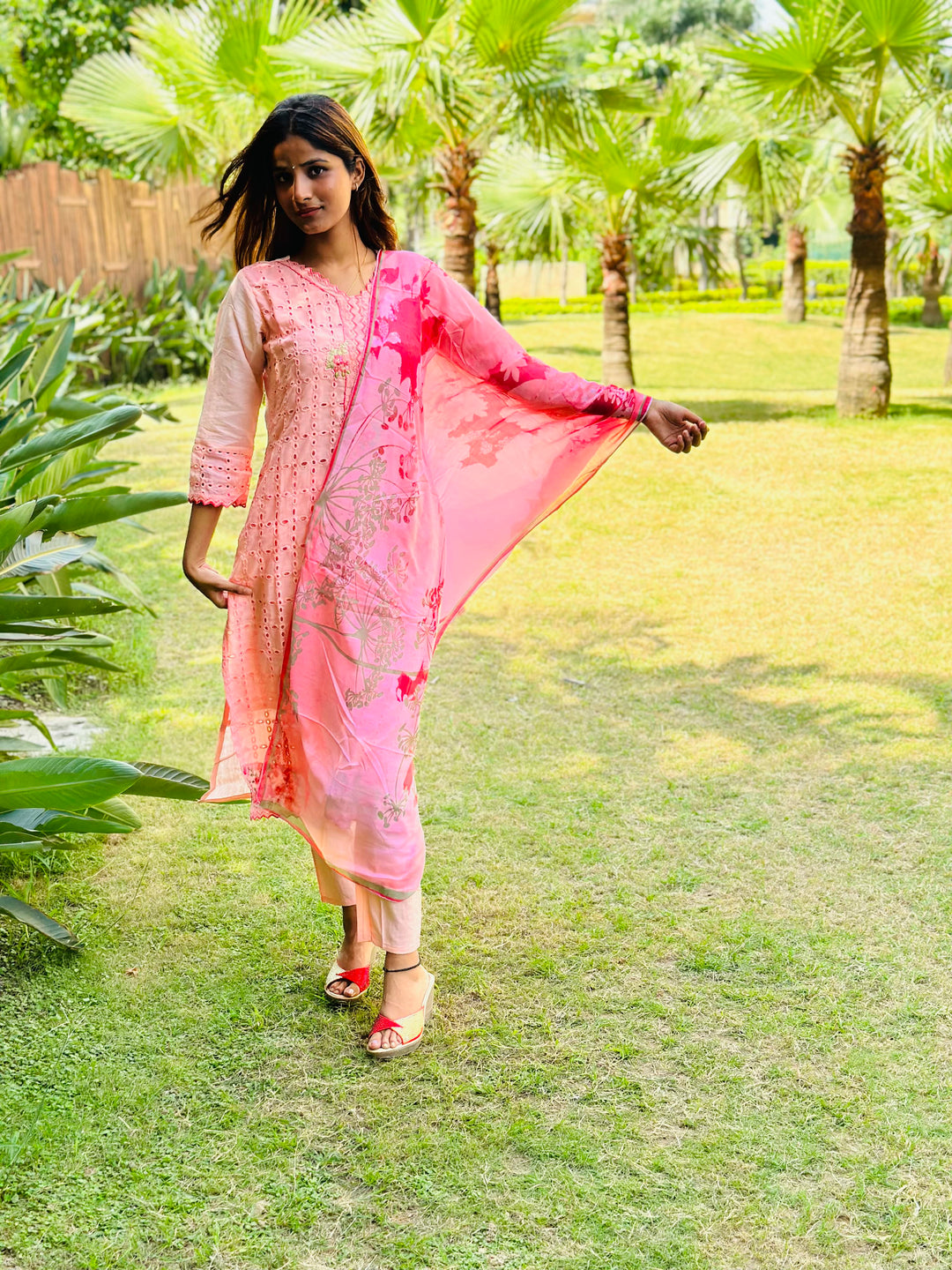 Women Burning Sand Cotton Kurta, Pant And Dupatta Set