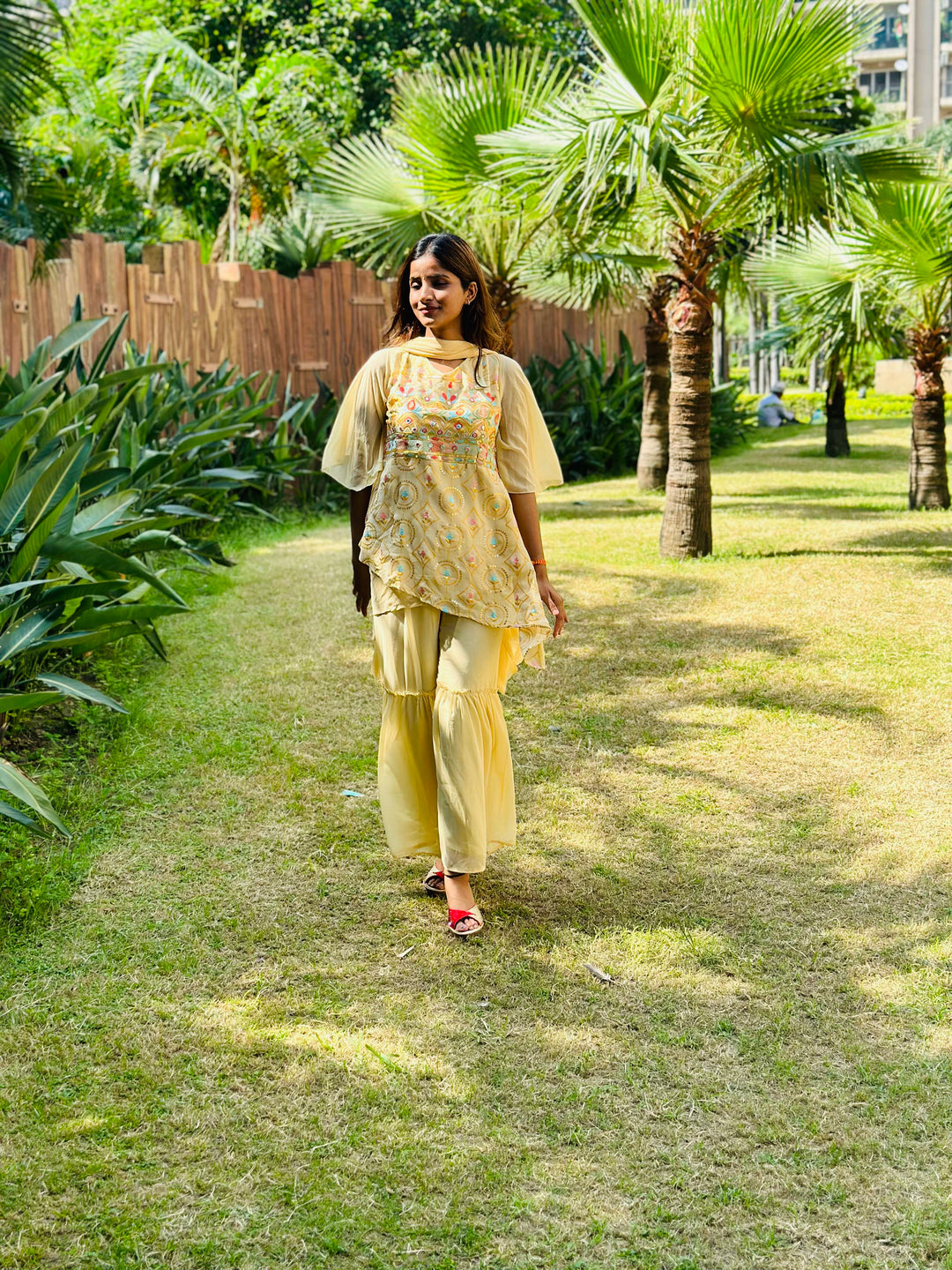 Light brown Embroidered Peplum Top Sharara Set