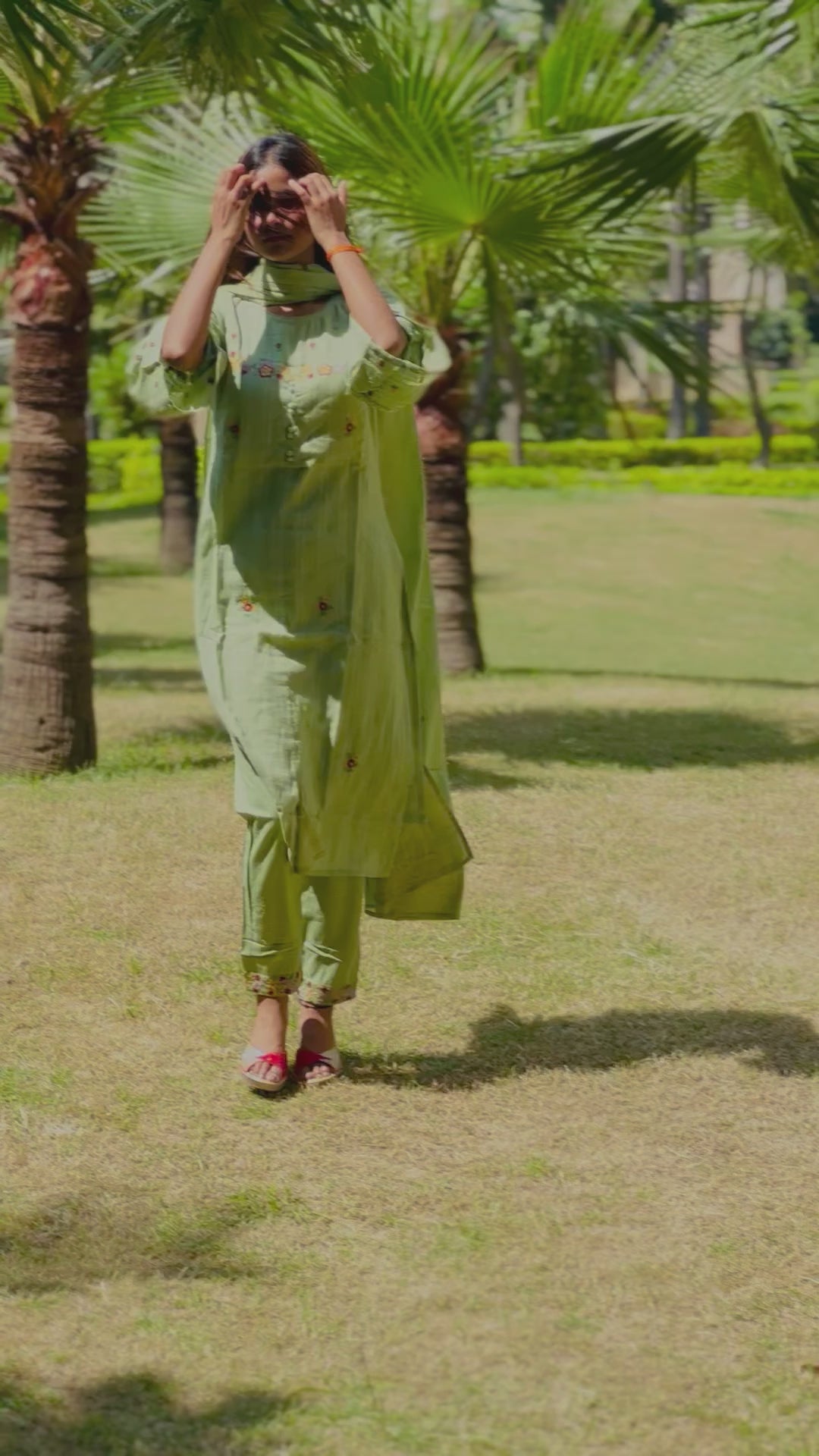 Women Camo Green Cotton Kurta, Pant And Dupatta Set